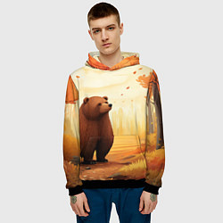 Толстовка-худи мужская Мишка в осеннем лесу фолк-арт, цвет: 3D-черный — фото 2