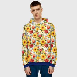 Толстовка-худи мужская Паттерн из желтых и красных цветов, цвет: 3D-синий — фото 2