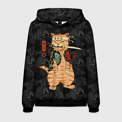 Толстовка-худи мужская Кот самурай якудза с карпами, цвет: 3D-черный