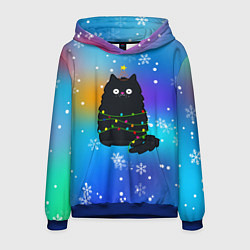 Толстовка-худи мужская Новогодний котик и снежинки, цвет: 3D-синий