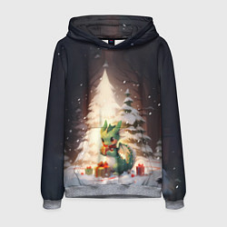 Толстовка-худи мужская Чиби-дракон под ёлкой с подарками, цвет: 3D-меланж