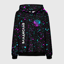 Толстовка-худи мужская Владислав и неоновый герб России вертикально, цвет: 3D-черный