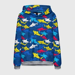 Толстовка-худи мужская Разноцветные акулы на глубине, цвет: 3D-меланж