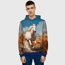 Толстовка-худи мужская Белая лошадь скачет в поле, цвет: 3D-синий — фото 2