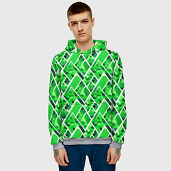 Толстовка-худи мужская Зелёные треугольники и белые полосы, цвет: 3D-меланж — фото 2