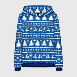 Толстовка-худи мужская Синий свитер с новогодними оленями, цвет: 3D-синий