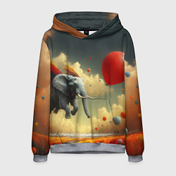 Толстовка-худи мужская Сюрреалистичный слон летит за шариком, цвет: 3D-меланж