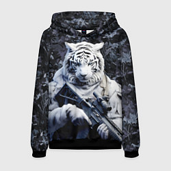 Толстовка-худи мужская Белый тигр солдат зима, цвет: 3D-черный