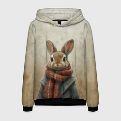 Толстовка-худи мужская Кролик в шарфе, цвет: 3D-черный