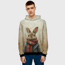 Толстовка-худи мужская Кролик в шарфе, цвет: 3D-черный — фото 2