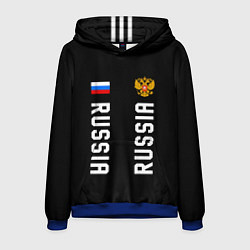 Толстовка-худи мужская Россия три полоски на черном фоне, цвет: 3D-синий