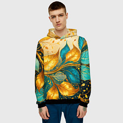 Толстовка-худи мужская Листья абстрактные золото и бирюза, цвет: 3D-черный — фото 2