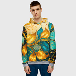 Толстовка-худи мужская Листья абстрактные золото и бирюза, цвет: 3D-меланж — фото 2