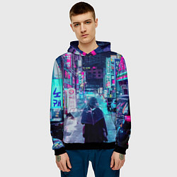 Толстовка-худи мужская Дождливый неоновый вечер в Японии, цвет: 3D-черный — фото 2