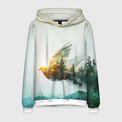 Толстовка-худи мужская Летящий голубь и лес эффект двойной экспозиции, цвет: 3D-белый