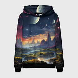 Толстовка-худи мужская Космический фантазийный мир на другой планете, цвет: 3D-черный