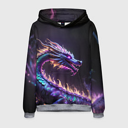 Толстовка-худи мужская Неоновый сиреневый дракон на черном фоне, цвет: 3D-меланж