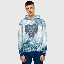 Толстовка-худи мужская Серо-синий волк на абстрактном фоне, цвет: 3D-синий — фото 2