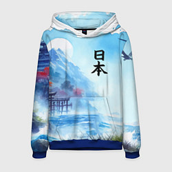 Толстовка-худи мужская Японский морской пейзаж - нейроарт, цвет: 3D-синий