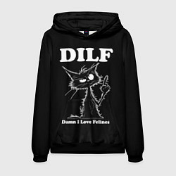 Толстовка-худи мужская DILF - damn I love felines, цвет: 3D-черный