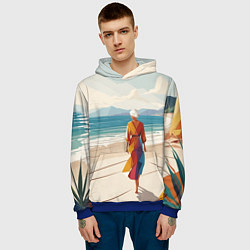 Толстовка-худи мужская Летний пейзаж с женщиной на пляже, цвет: 3D-синий — фото 2