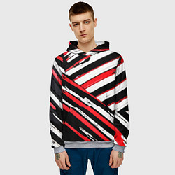 Толстовка-худи мужская Красно-белые диагональные полосы на чёрном фоне, цвет: 3D-меланж — фото 2