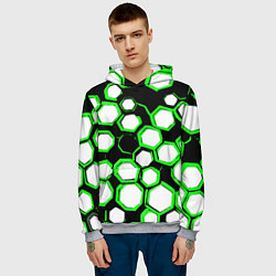 Толстовка-худи мужская Бело-зелёные шестиугольники на чёрном фоне, цвет: 3D-меланж — фото 2