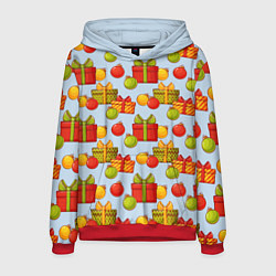 Толстовка-худи мужская Новогодний паттерн с подарками и ёлочными шариками, цвет: 3D-красный