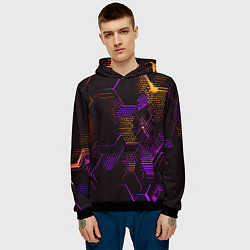 Толстовка-худи мужская Жёлто-фиолетовые точки и линии на чёрном фоне, цвет: 3D-черный — фото 2