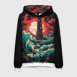 Толстовка-худи мужская Маяк и волны в японском стиле, цвет: 3D-белый