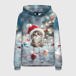 Толстовка-худи мужская Маленький котенок и елочные игрушки, цвет: 3D-меланж