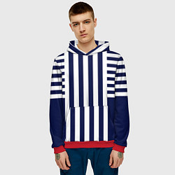 Толстовка-худи мужская Бело синий комбинированный полосатый узор, цвет: 3D-красный — фото 2