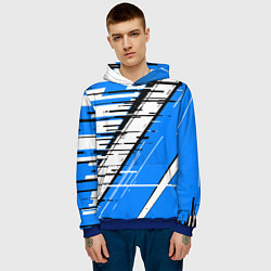 Толстовка-худи мужская Чёрно-белые глитч полосы на синем фоне, цвет: 3D-синий — фото 2