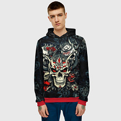 Толстовка-худи мужская Маска Хання на черепе самурая на фоне духов, цвет: 3D-красный — фото 2