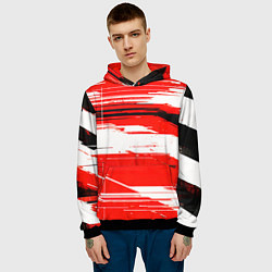 Толстовка-худи мужская Горизонтальные чёрно-белые линии на красном фоне, цвет: 3D-черный — фото 2