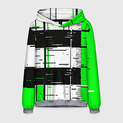Толстовка-худи мужская Зелёные и чёрные полосы на белом фоне, цвет: 3D-меланж