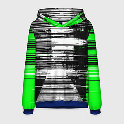 Толстовка-худи мужская Горизонтальные чёрные линии на бело-зелёном фоне, цвет: 3D-синий
