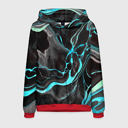 Толстовка-худи мужская Голубые флюиды на чёрном фоне, цвет: 3D-красный
