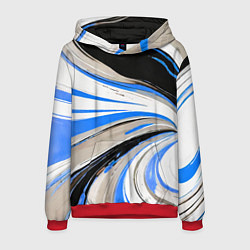 Толстовка-худи мужская Волнистые бело-синие линии на чёрном фоне, цвет: 3D-красный