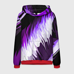 Толстовка-худи мужская Бело-фиолетовые острые полосы на чёрном фоне, цвет: 3D-красный