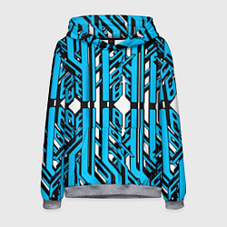 Толстовка-худи мужская Чёрно-синие техно полосы на белом фоне, цвет: 3D-меланж