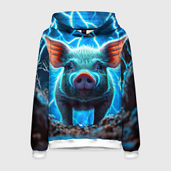 Толстовка-худи мужская Свинья и разряды молний, цвет: 3D-белый