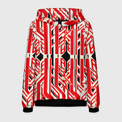 Толстовка-худи мужская Бело-красные техно полосы на чёрном фоне, цвет: 3D-черный