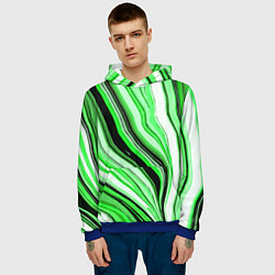 Толстовка-худи мужская Волнистые вертикальные чёрно-зелёные полосы, цвет: 3D-синий — фото 2