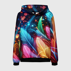 Толстовка-худи мужская Яркие красочные неоновые перья, цвет: 3D-черный