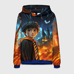 Толстовка-худи мужская Гарри Поттер на фоне огня, цвет: 3D-синий