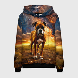 Толстовка-худи мужская Немецкий боксер и звездное небо, цвет: 3D-черный