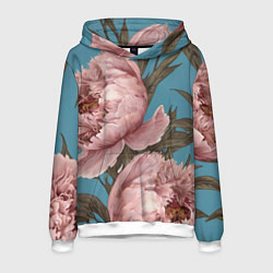 Толстовка-худи мужская Розовые пионы на голубом, цвет: 3D-белый