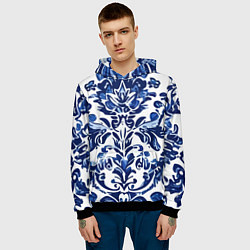 Толстовка-худи мужская Гжель русский узор акварель, цвет: 3D-черный — фото 2