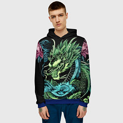 Толстовка-худи мужская Ирезуми - неоновый японский дракон, цвет: 3D-синий — фото 2